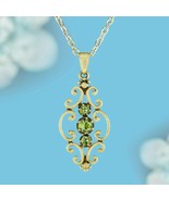 9K Yellow Gold Natural Peridot Vintage Style Three Stone Pendant - $450.00