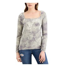 Fever Womens L Gray Ribbed Tie Dye Long Sleeve Square Neck Top NWT BS24 - £15.36 GBP