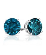 14K Solid White Gold Round Solitaire Simulated Blue Diamond Stud Earrings - $96.13 CAD+