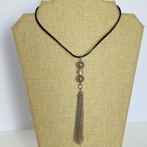 Crystals Metal Chain Tassel Silver Tone Faux Black Leather Y Necklace 15-18in - £7.86 GBP