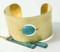 Hand Made Artisan Turquoise Bead Hammered Wide Cuff Bracelet - £30.07 GBP
