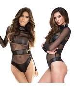 Sexy Lingerie Cut-Out Black Leatherette &amp; Mesh Teddy with Mesh Sleeves, ... - $373.45 MXN