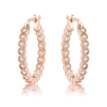 Rose Gold Plated Dotted Clear CZ Round Bezel Hoop Earrings - $34.49