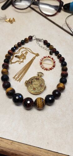 Primary image for Vintage Costume & Natural Tiger Eye Graduated Stone Necklace, Broach Jewelry