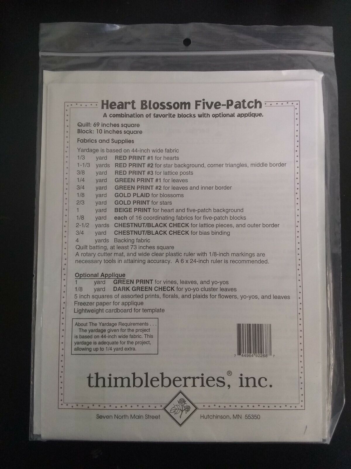 Heart Blossom Five Patch Quilt Pattern Thimbleberries 69"x69" Applique LJ 92268 - $7.87