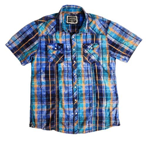 Primary image for BKE Vintage Pearl Snap Short Sleeve Button Shirt Size XL Plaid Blue Washed Look