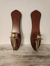 2 Vintage Tall Wood and Brass Wall Sconce Candle Holder Home Interiors and Gifts - £14.30 GBP