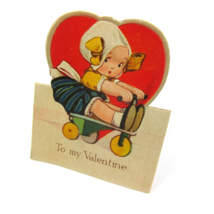 Vintage Valentine Card Cutout Stand Up Dutch Girl On Tricycle Bavaria UNSIGNED - £6.17 GBP