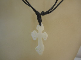 Cross Carved Stone LeatherAdj  Cord Fashion Neckace - $13.85