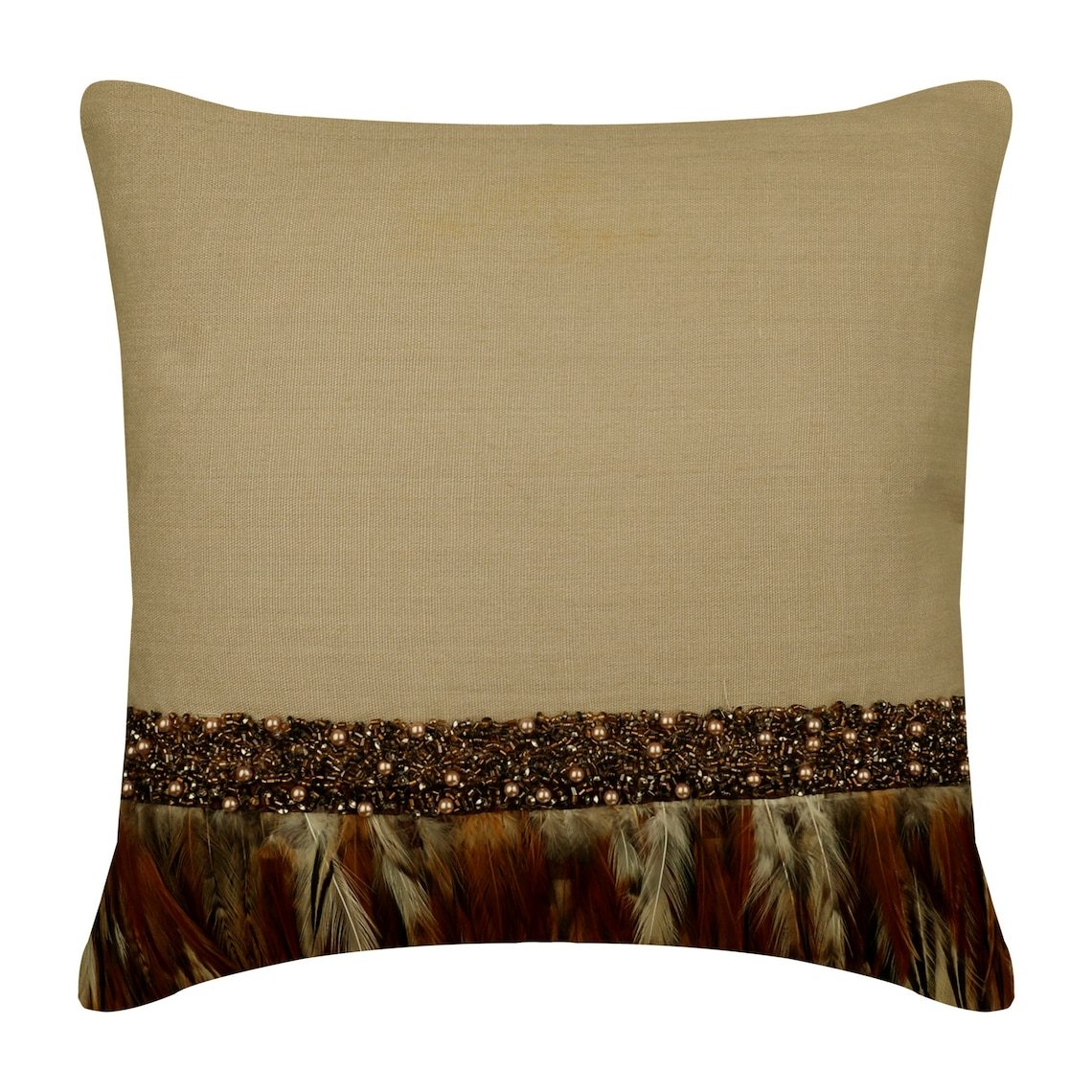 Beige 16&quot;x16&quot; Feathers &amp; Beads Linen Throw Pillow Cover - Falling Feathers - $62.64+