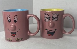 Funny Silly Faces Coffee Mugs Pink, Blue &amp; Yellow- Bump Nose  Lot Of 2 - $16.36