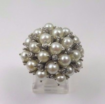 14k White Gold Vintage Women&#39;s Cocktail Ring With Diamonds And Pearls - £1,346.91 GBP