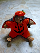 Russ 5&quot; Bumpkin Pumpkin Stuffed Resin Bear w/ Cape Halloween Bear Decoration - £9.44 GBP