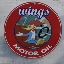 Vintage 1943 Wings Motor Oil &#39;&#39;Woody Woodpecker&#39;&#39; Porcelain Gas &amp; Oil Pump Sign - £99.91 GBP