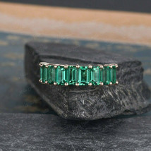 14K Rose Gold Finish 2.50Ct Emerald Cut Green Emerald half Eternity Wedding Band - £75.17 GBP