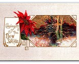 Winter Forest Scene Poinsettia Flowers New Years Embossed DB Postcard V17 - £3.07 GBP