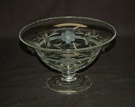 Elegant Clear Glass Footed Compote Bowl w Etched Floral Designs Crimped ... - $24.74