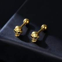 Men's Gothic Punk Gold Skull Skeleton Screw Back Stud Earrings Stainless Steel - £7.90 GBP