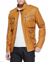 Mens Genuine Tan Brown Leather leder Jacket Biker Harley Vintage Quilted... - $139.87
