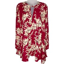 AKIRA red &amp; tan floral flowy boho tunic swing blouse tunic women&#39;s size ... - £19.01 GBP