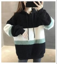 Women Hoodie Keep Warm Lamb  Harajuku Sweatshirt Splicing Bean Green Coat Pullov - £88.97 GBP
