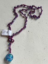 Thin Purple Crocheted Cord w Tiny Light Blue Beads Hippie Boho Necklace – 19 in - £8.88 GBP