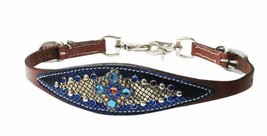 Western Saddle Horse Bling! Dark Brown Leather Wither Strap Blue + Gold ... - £15.00 GBP