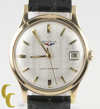 Benrus Gold-Plated Shock Absorber Watch w/ Date Leather Band Gift for Him - $597.67