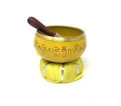 Tibetan Singing Bowl OM MANI – Yellow, 4" with Striker &amp; Cushion - $26.72