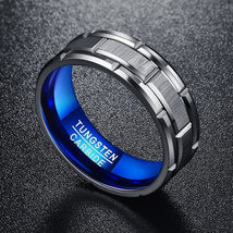  Men&#39;s 8mm Groove Lines Blue Tungsten Carbide Ring - £23.85 GBP