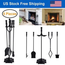 5Pcs Wrought Iron Fireplace Tools Set W/ Poker Tongs Shovel Brush Wood Stove - £59.14 GBP