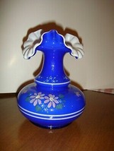 Fenton Hand Painted Cobalt Blue Overlay Vase - £54.34 GBP