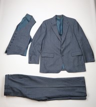 Vintage 70s Streetwear Mens 46L Wool Herringbone 3 Piece Suit Blue USA 40x29 - £194.65 GBP