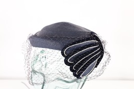 Vintage 50s Womens Size 23 Felt Fishnet Lace Beaded Calot Hat Cap Blue USA - £54.33 GBP