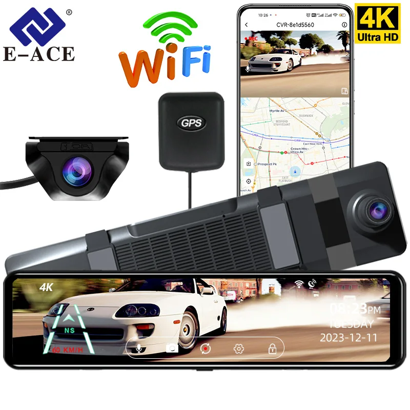 E-ACE 4K Car Dvr Mirror 12 Inch 3840*2160P Auto Video Recorder Dash Cam  Sony - £103.75 GBP+