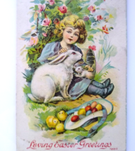 Loving Easter Greetings Postcard 1911 Child Bunny Rabbits In Flower Garden 72011 - £8.15 GBP