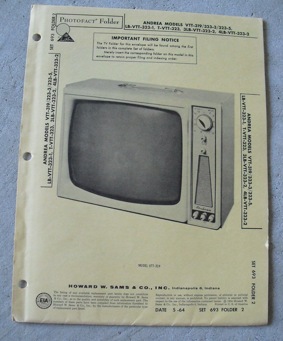 Vintage 1964 Booklet - Howard Sams Television Service Andrea Model VTT-319 - $16.83