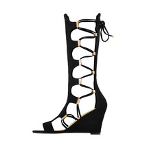 Womens Lace Up Gladiator Wedge Sandal Boots Fashion Sexy Cutout Mid Calf Back Zi - £97.46 GBP