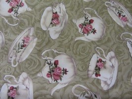 Faye Burgos Marcus Bros Green Pink Mauve Roses Teacups &amp; Teapots Cotton 3 YDS - $11.97