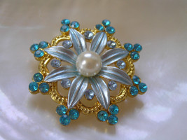 Estate Blue Enamel with Faux Pearl Center Flower &amp; Blue Rhinestone Edge Accents - £10.67 GBP