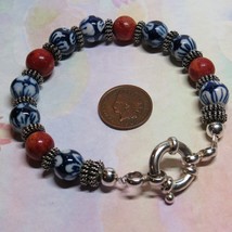 Designer 925 STERLING SILVER Toggle Clasp Bracelet Coral Blue Porcelain Bead - £30.78 GBP