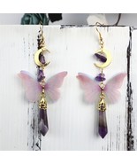 Amethyst Crystal Butterfly Fairy Pendant Unique Golden Moon Earrings Gifts for h - £14.05 GBP