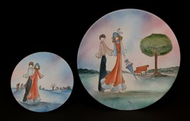 Vintage Louise Roy Pair of Enamel on Copper Plates Couple Romantic Scene - $39.59