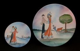 Vintage Louise Roy Pair of Enamel on Copper Plates Couple Romantic Scene - £30.26 GBP