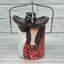 Cow Pottery Crock Cowboy Hat Shaped Metal Bail Lid Storage Red 1995 G Yewen - $19.75