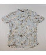 Express Men’s Shirt M Blue Beige Floral Leaf Print Button Front Linen Blend - $344.31 MXN