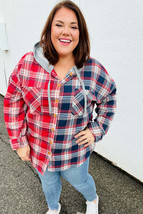 Face the Day Red/Navy Plaid Color Block Hoodie Shacket - £35.17 GBP