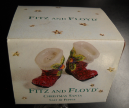 Fitz And Floyd Salt and Pepper Shaker Set 2001 Christmas Santa Holly Boots Boxed - $8.99