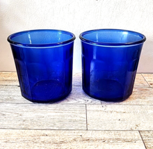 Set of 2 Cobalt Blue Tumblers Glasses 10 Panel Made in France 12 oz Vint... - $28.04
