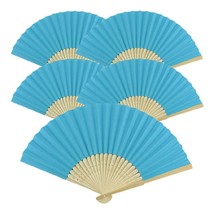 5pcs Aqua Blue Paper Fans Lot of 5 Five Folding Hand Fan Pocket Wedding Bamboo - £7.15 GBP